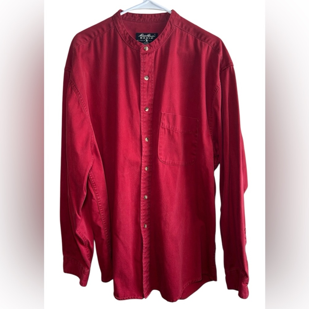 Vtg Eddie Bauer Denim Shirt Men's XLarge Long Sleeve Button Up Heavy Cotton Red